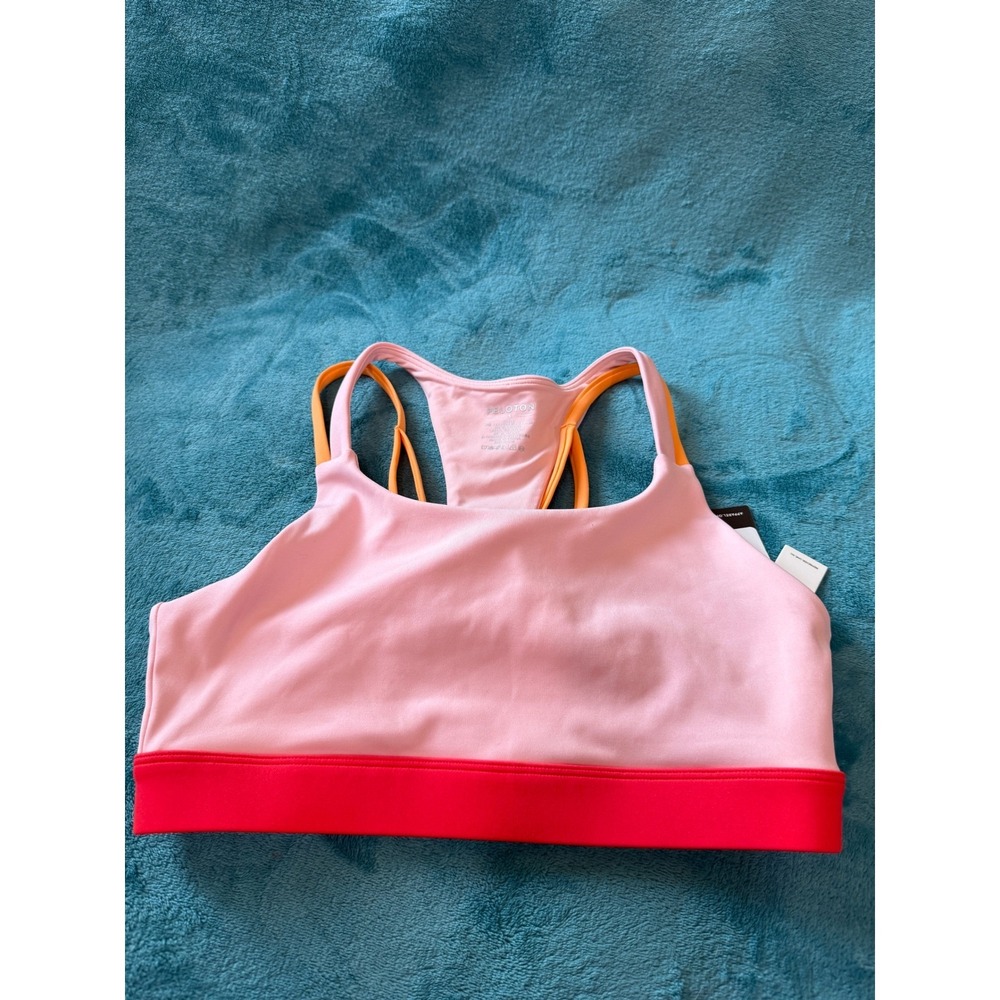 Peloton Womens High Neck Sports Bra Pink Orange Red Colorblock Racerback S NWT
